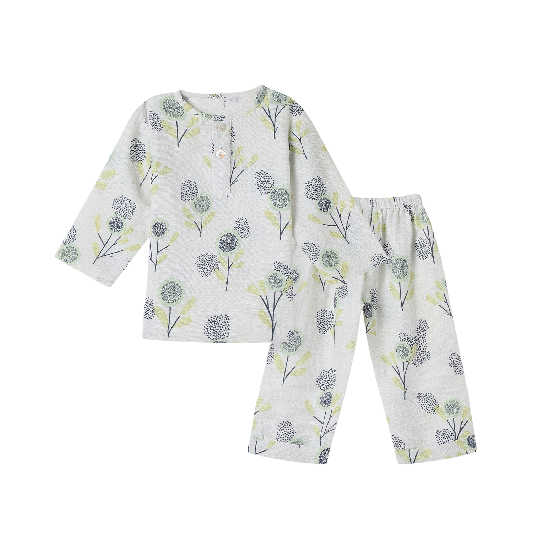 Our breezy and luxe muslin loungewear is a cute kurta-pyjama style set that can be worn on brunches or cosy playdates. Our three-quarter sleeve kurta with mother-of-pearl buttons is paired with a comfortable gender-neutral pair of pant-style pyjamas to give a classy, adorable look Organic cotton organic muslin premium gift luxury gift sustainable clothes baby clothes baby gift newborn gift birthday gift onesie bodysuit
