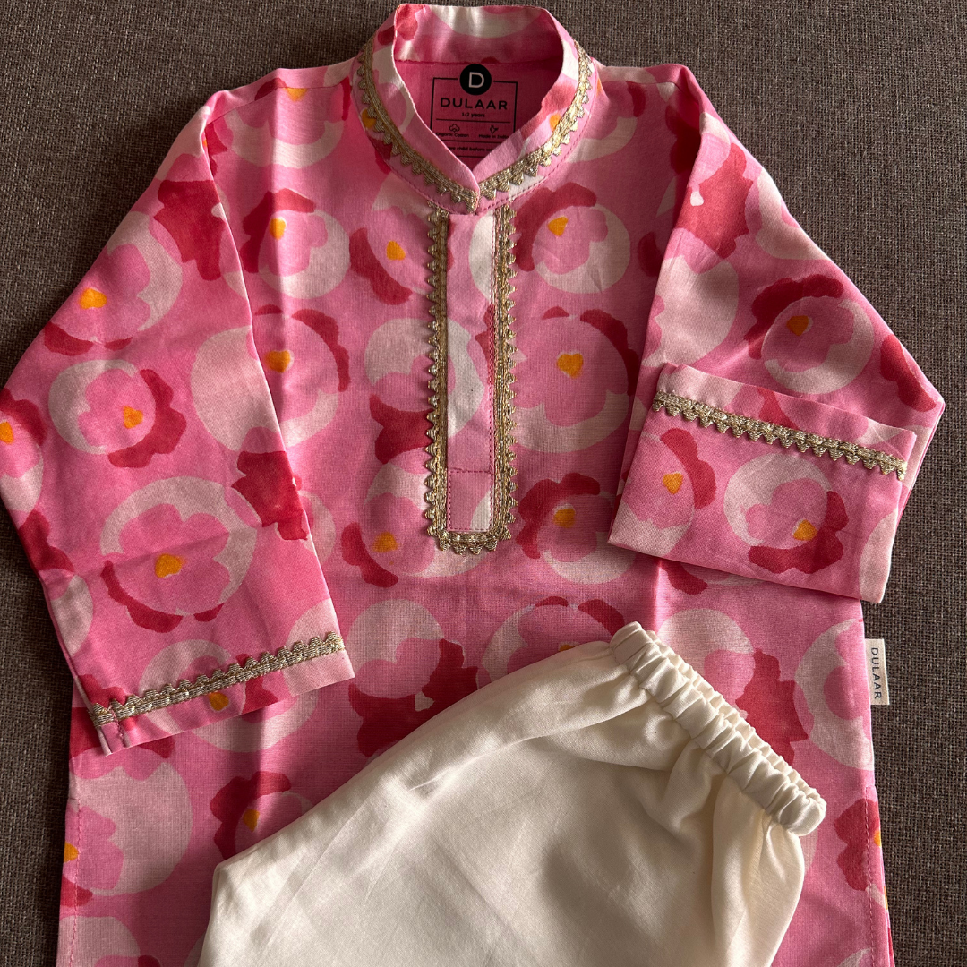 Chanderi Kurta Pyjama Set | Hand-Block Printed (Gota Work)