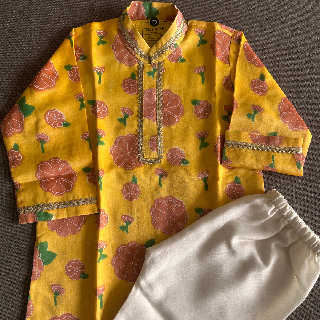 Chanderi Kurta Pyjama Set | Hand-Block Printed (Gota Work)