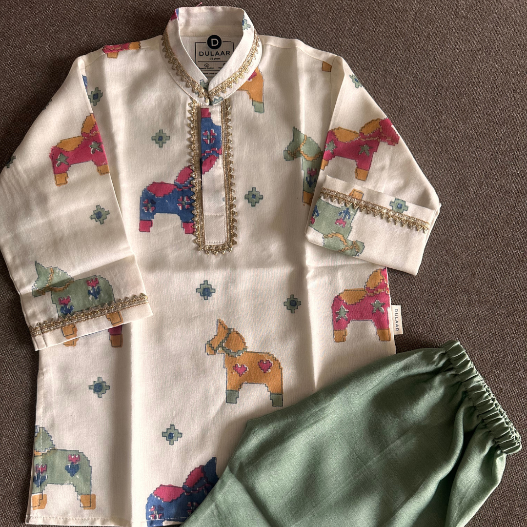 Chanderi Kurta Pyjama Set | Hand-Block Printed (Gota Work)