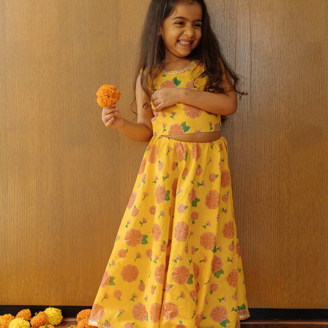 Chanderi Lehenga Set | Hand-Block Printed (Gota Work)