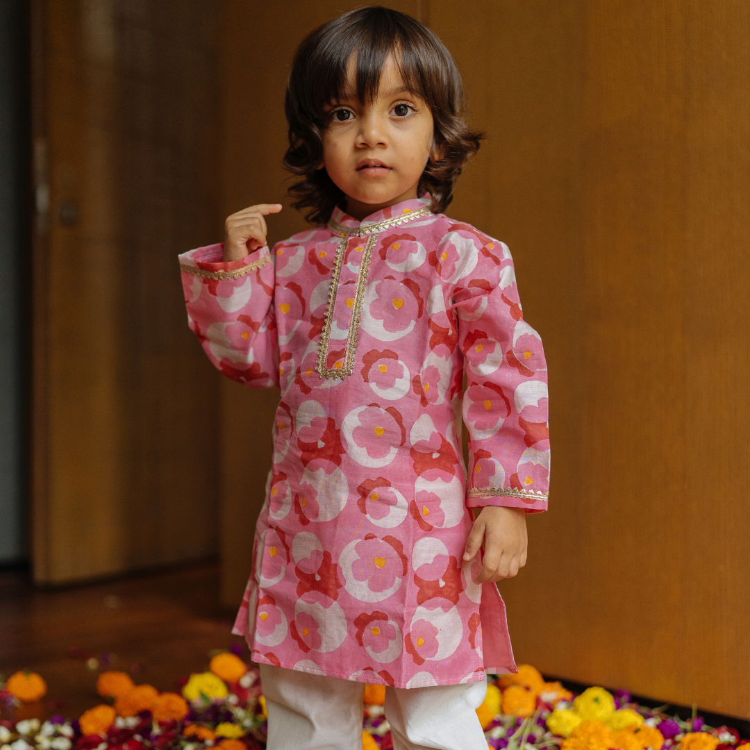 Chanderi Kurta Pyjama Set | Hand-Block Printed (Gota Work)