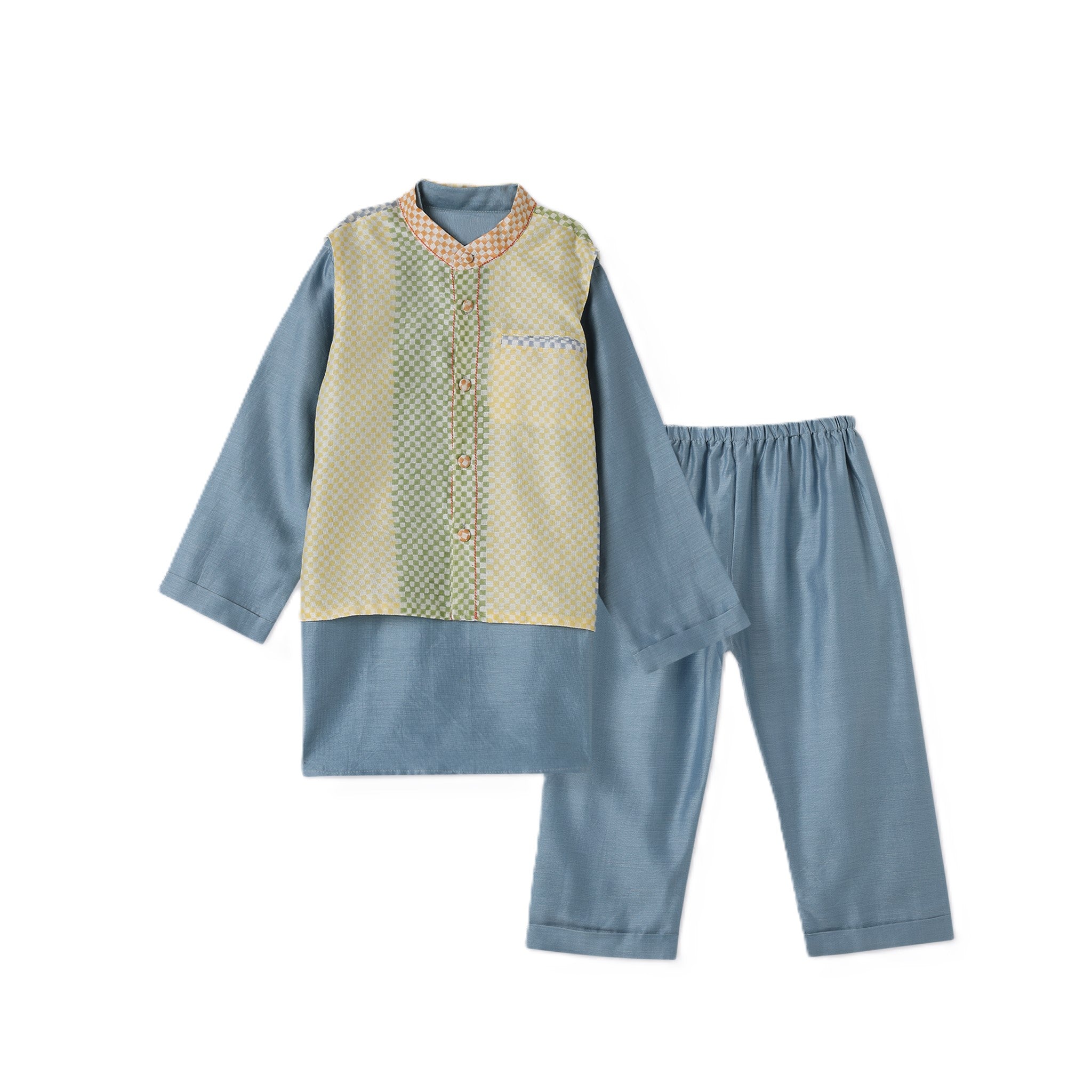 Chanderi Kurta Pyjama & Bandi Set | Hand-Block Printed