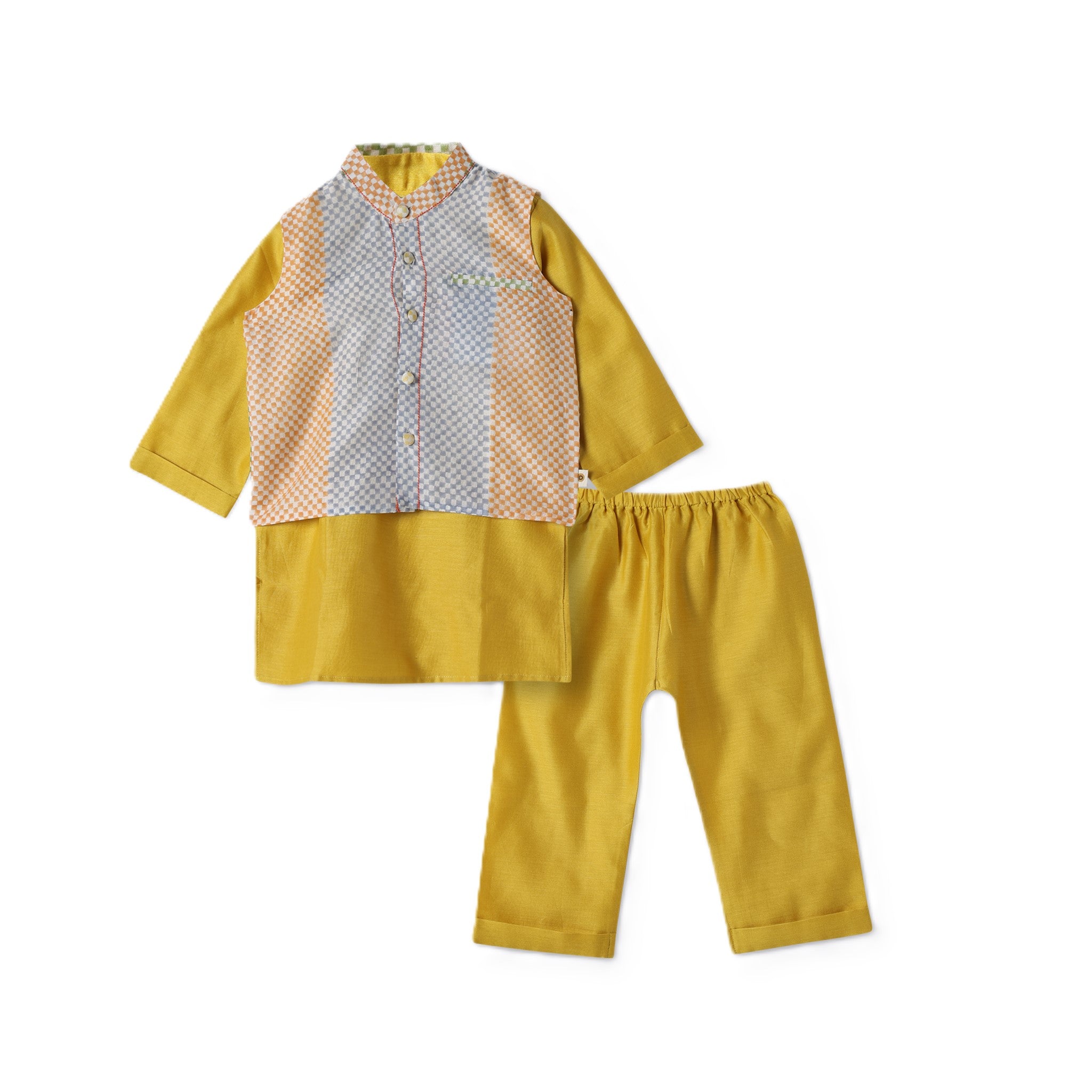Chanderi Kurta Pyjama & Bandi Set | Hand-Block Printed