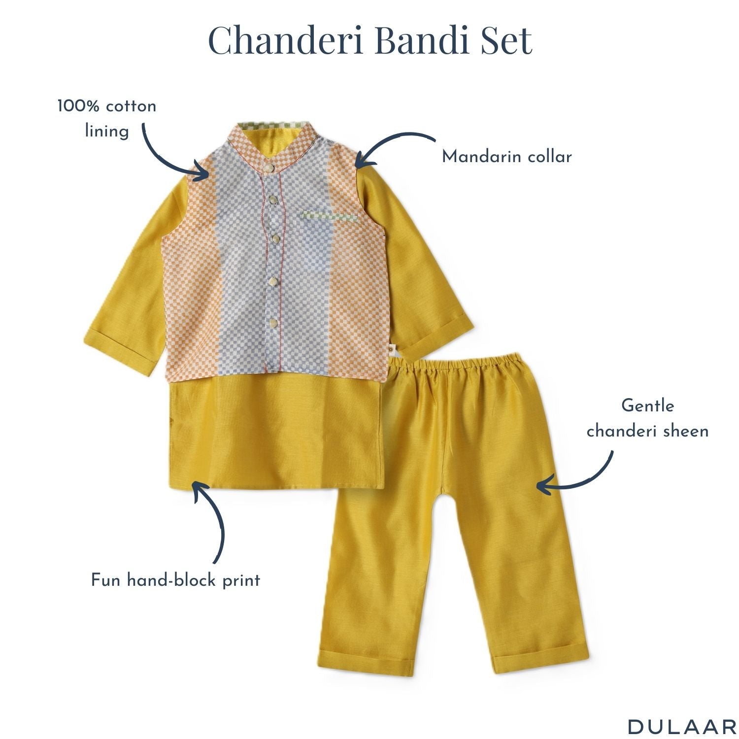 Chanderi Kurta Pyjama & Bandi Set | Hand-Block Printed
