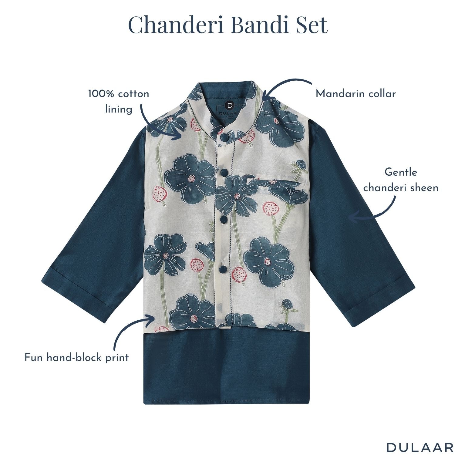 Chanderi Kurta Pyjama & Bandi Set | Hand-Block Printed