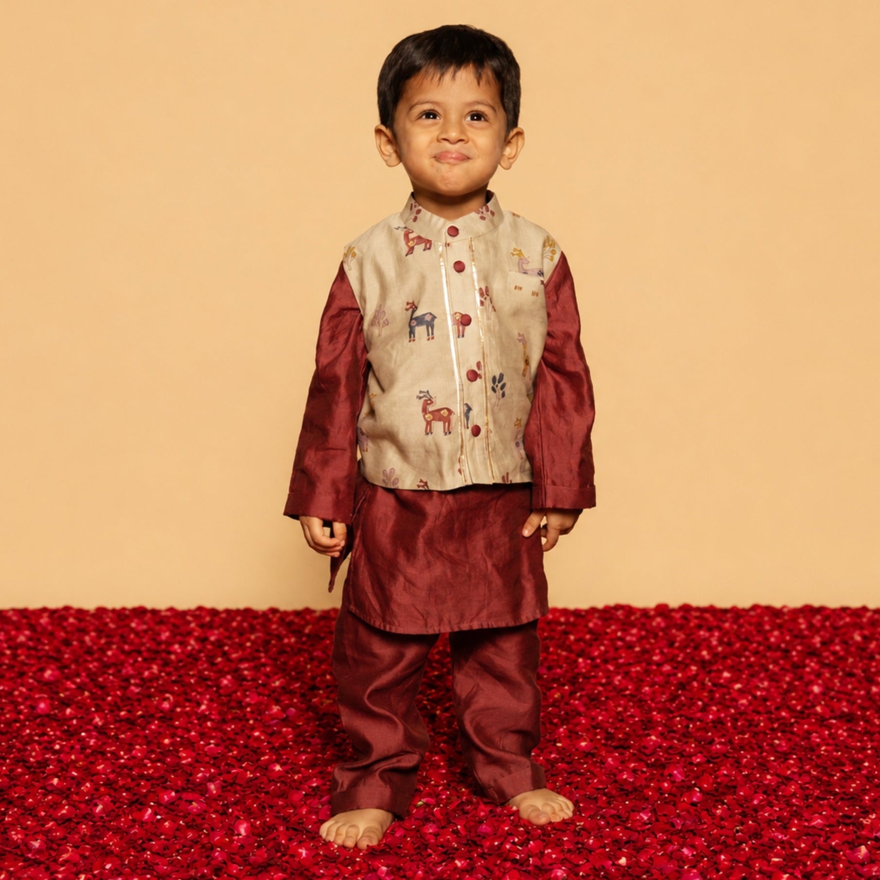 Chanderi Kurta Pyjama & Bandi Set | Hand-Block Printed (Gota Work)