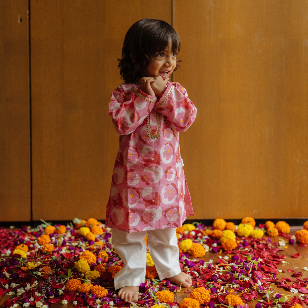 Chanderi Kurta Pyjama Set | Hand-Block Printed (Gota Work)