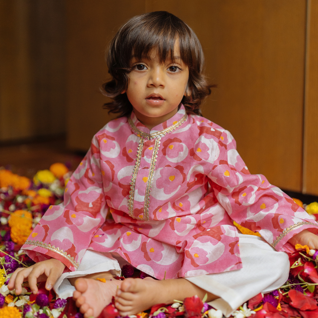 Chanderi Kurta Pyjama Set | Hand-Block Printed (Gota Work)
