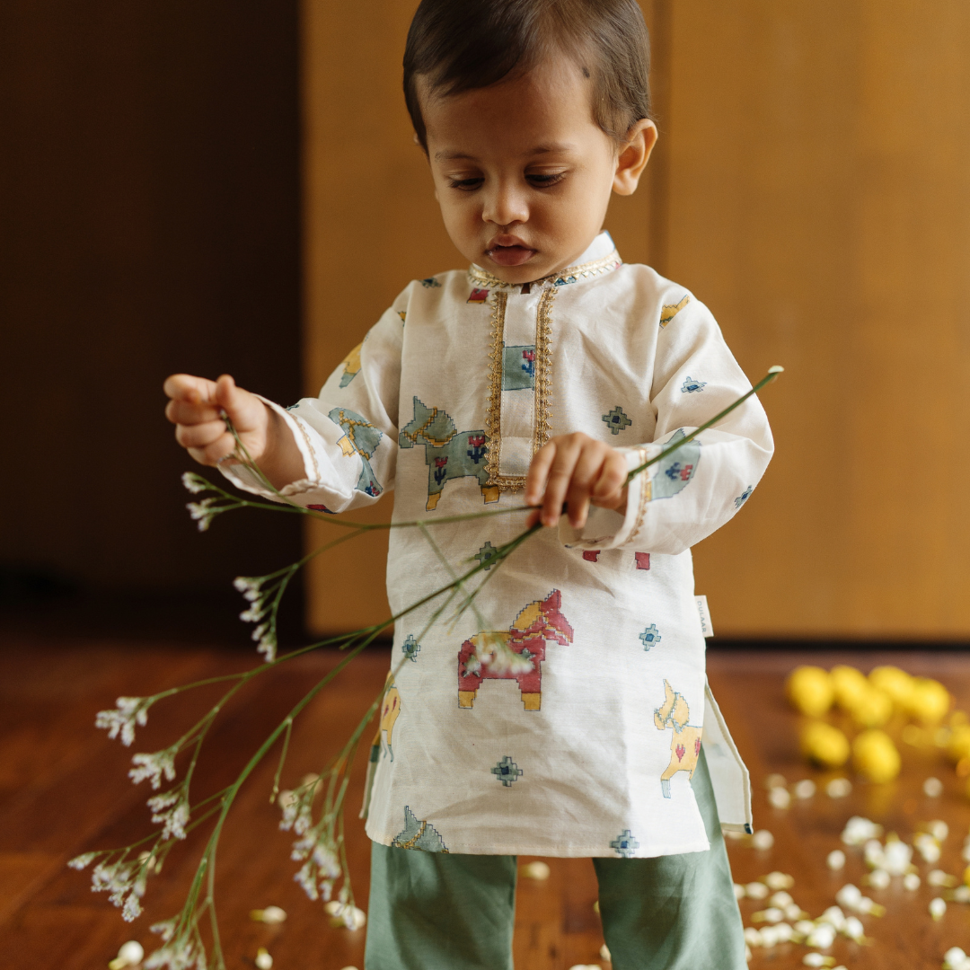 Chanderi Kurta Pyjama Set | Hand-Block Printed (Gota Work)