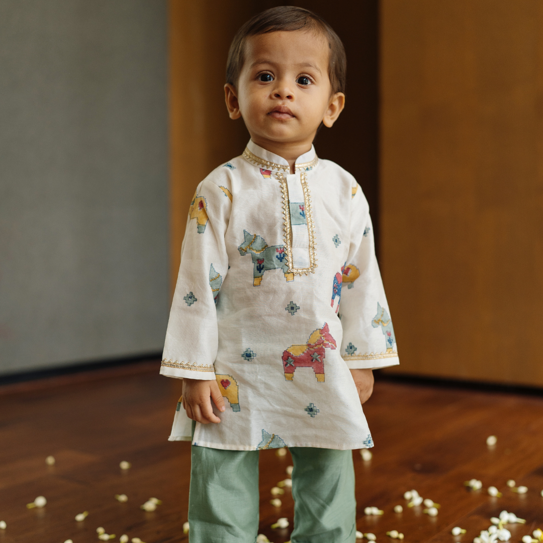 Chanderi Kurta Pyjama Set | Hand-Block Printed (Gota Work)