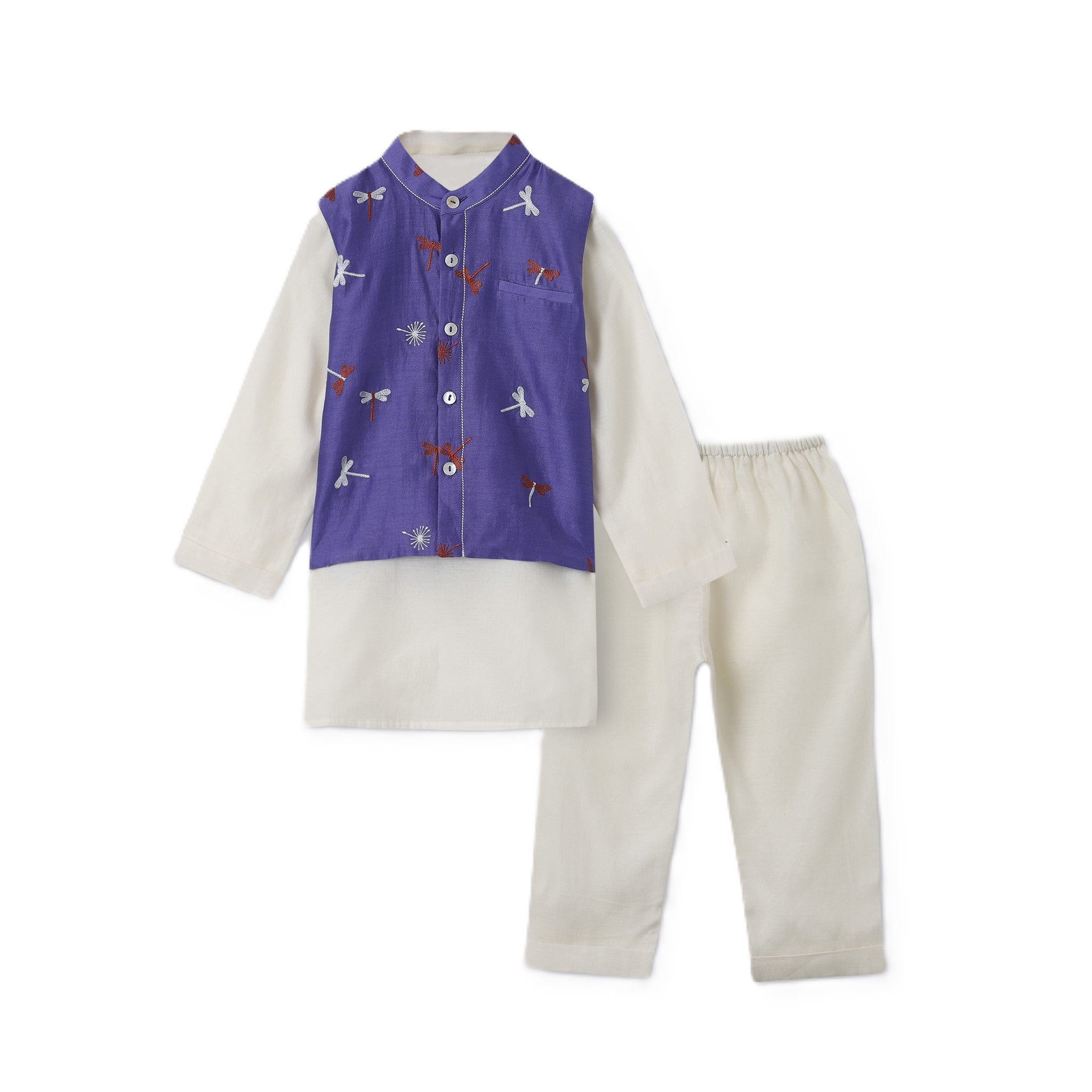 Chanderi Kurta Pyjama & Bandi Set | Embroidered