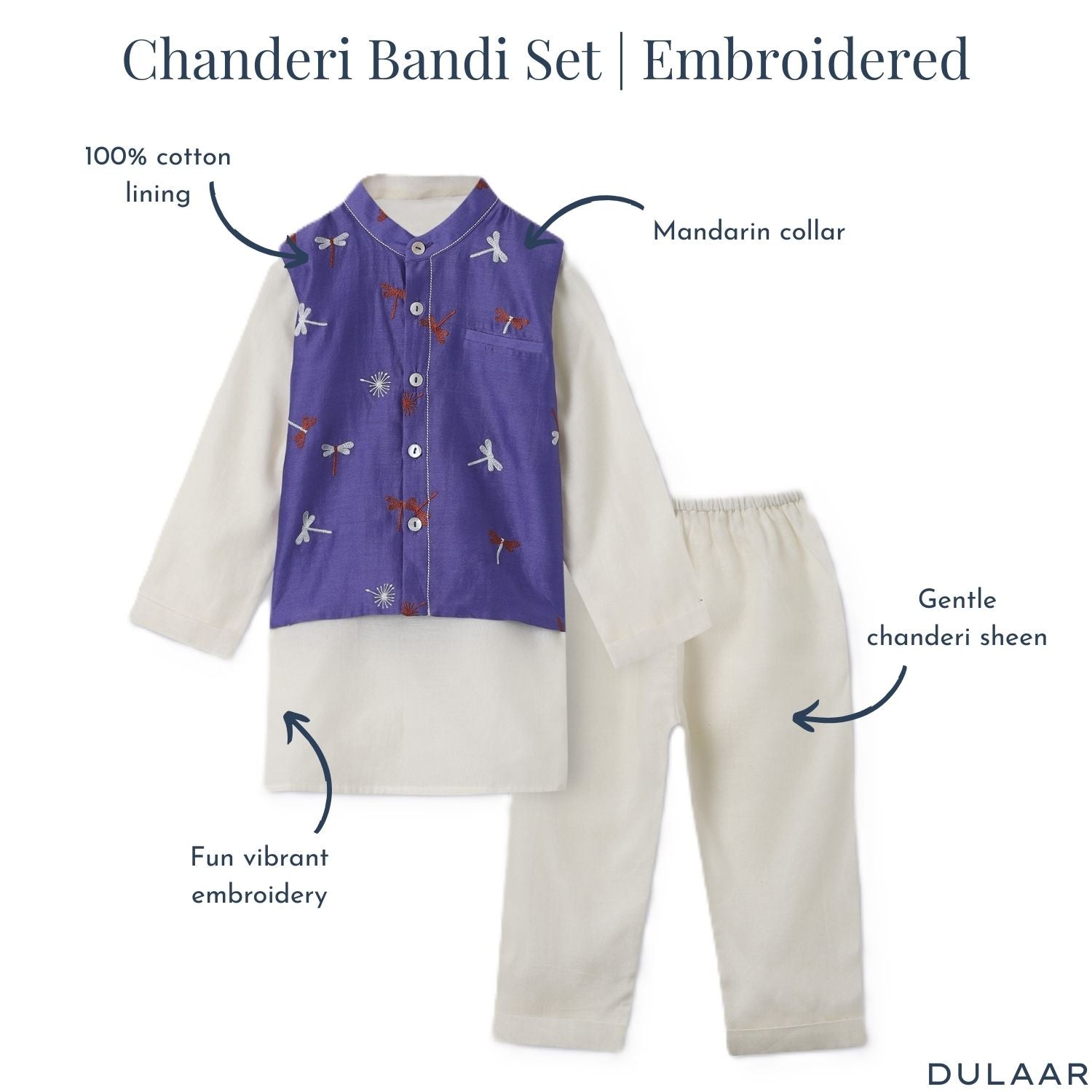 Chanderi Kurta Pyjama & Bandi Set | Embroidered