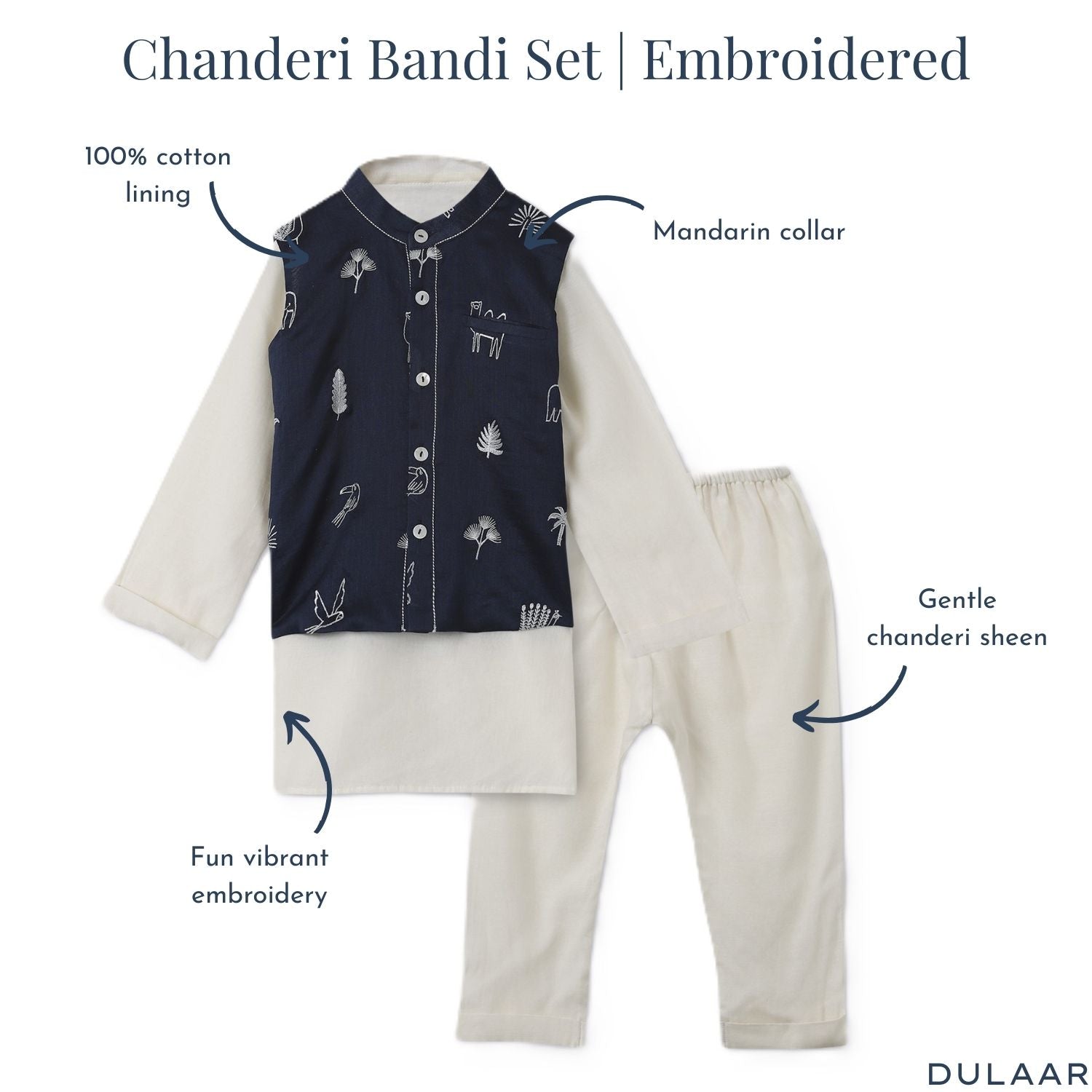 Chanderi Kurta Pyjama & Bandi Set | Embroidered