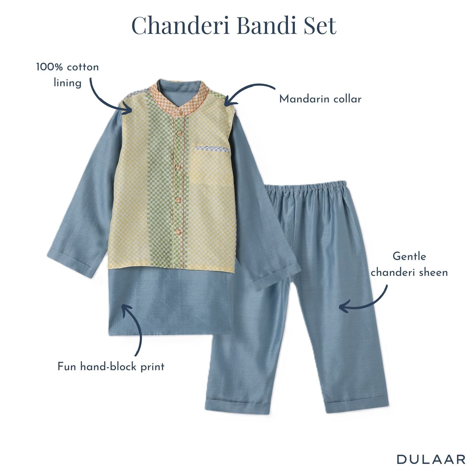 Chanderi Kurta Pyjama & Bandi Set | Hand-Block Printed