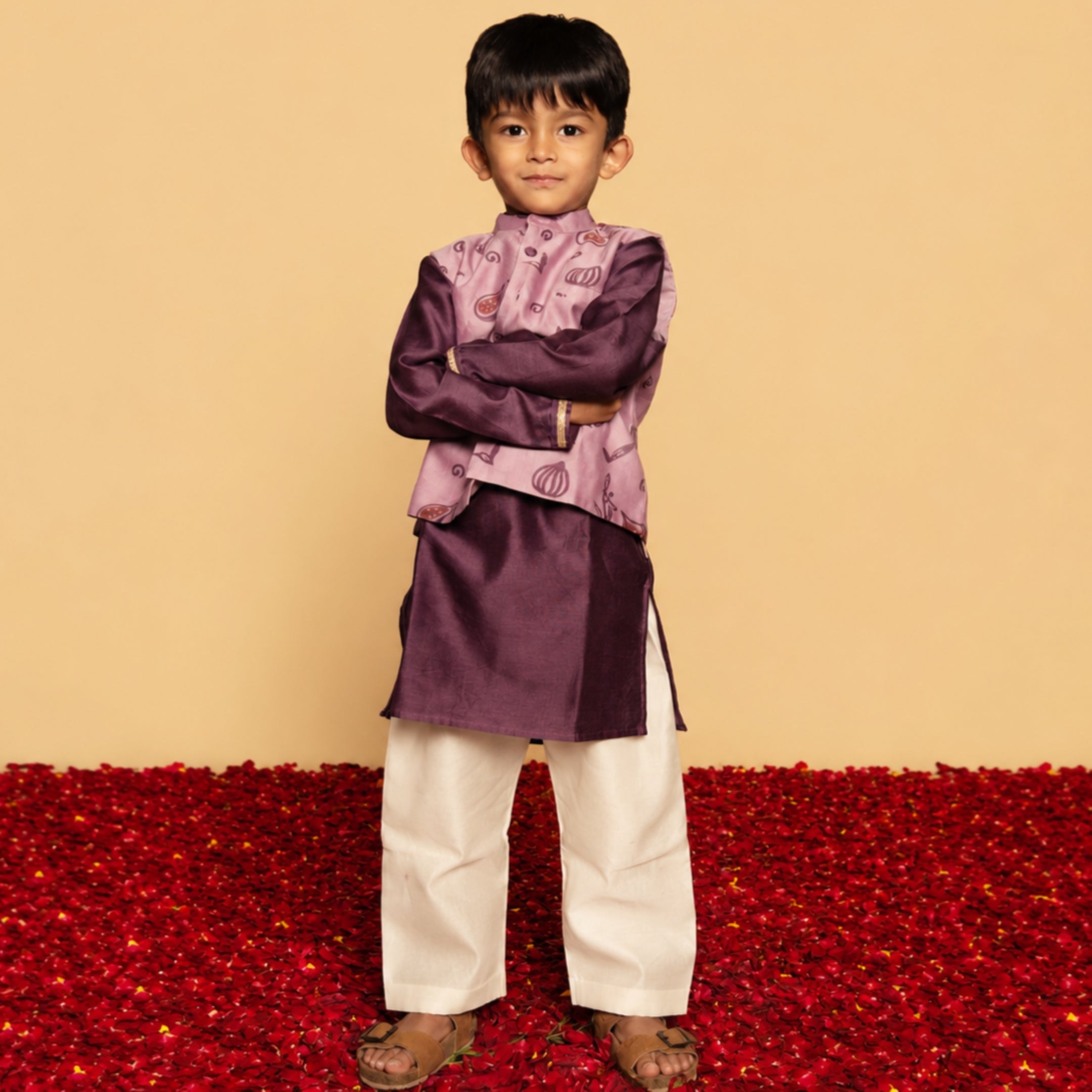 Chanderi Kurta Pyjama & Bandi Set | Hand-Block Printed