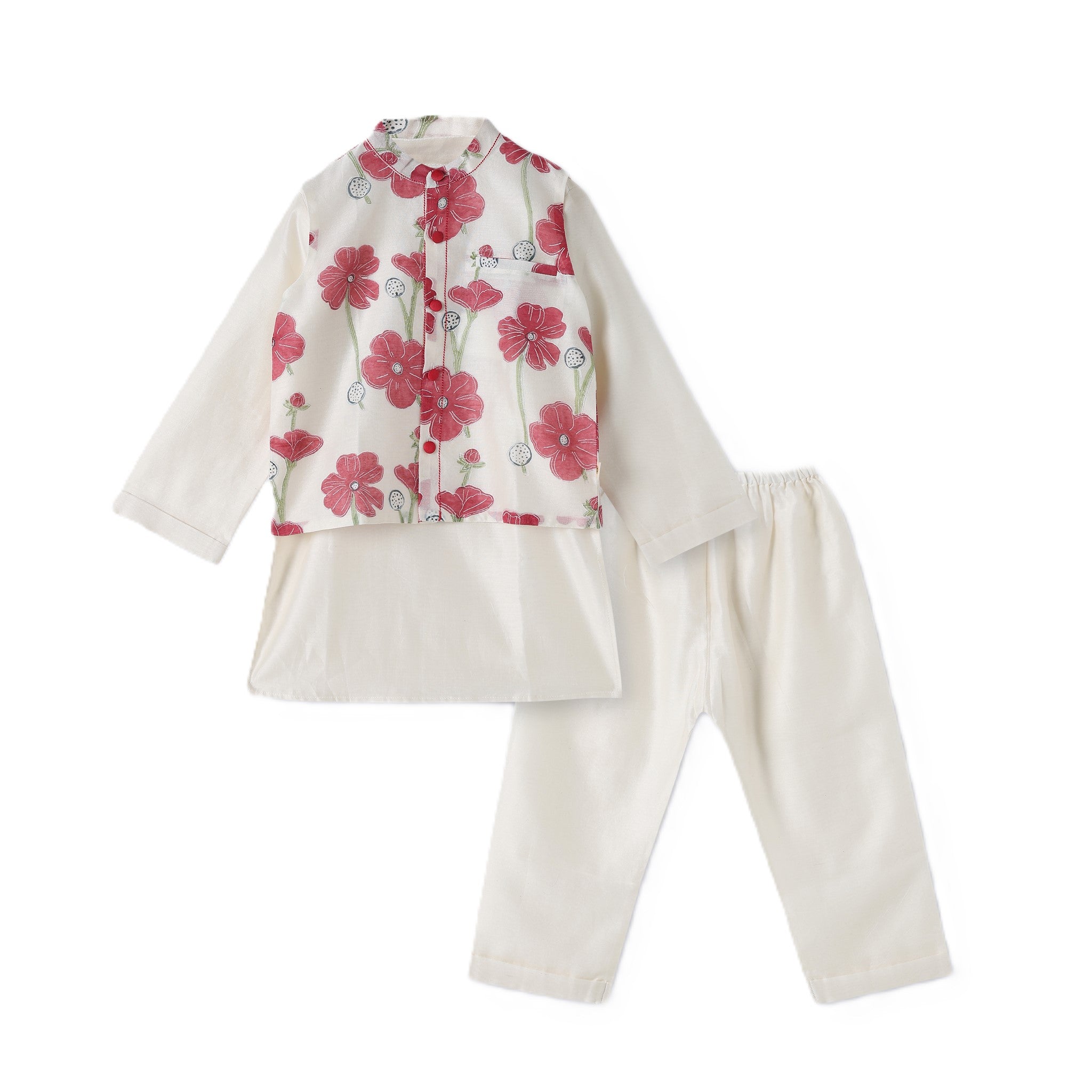Chanderi Kurta Pyjama & Bandi Set | Hand-Block Printed