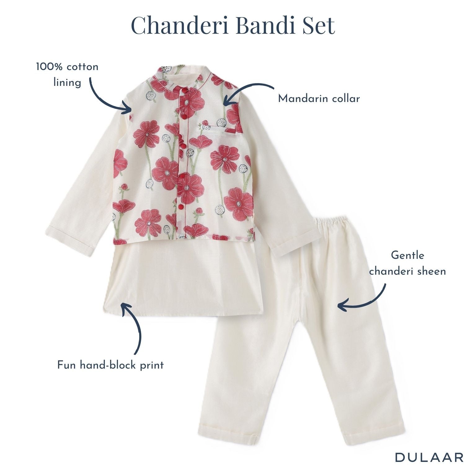 Chanderi Kurta Pyjama & Bandi Set | Hand-Block Printed