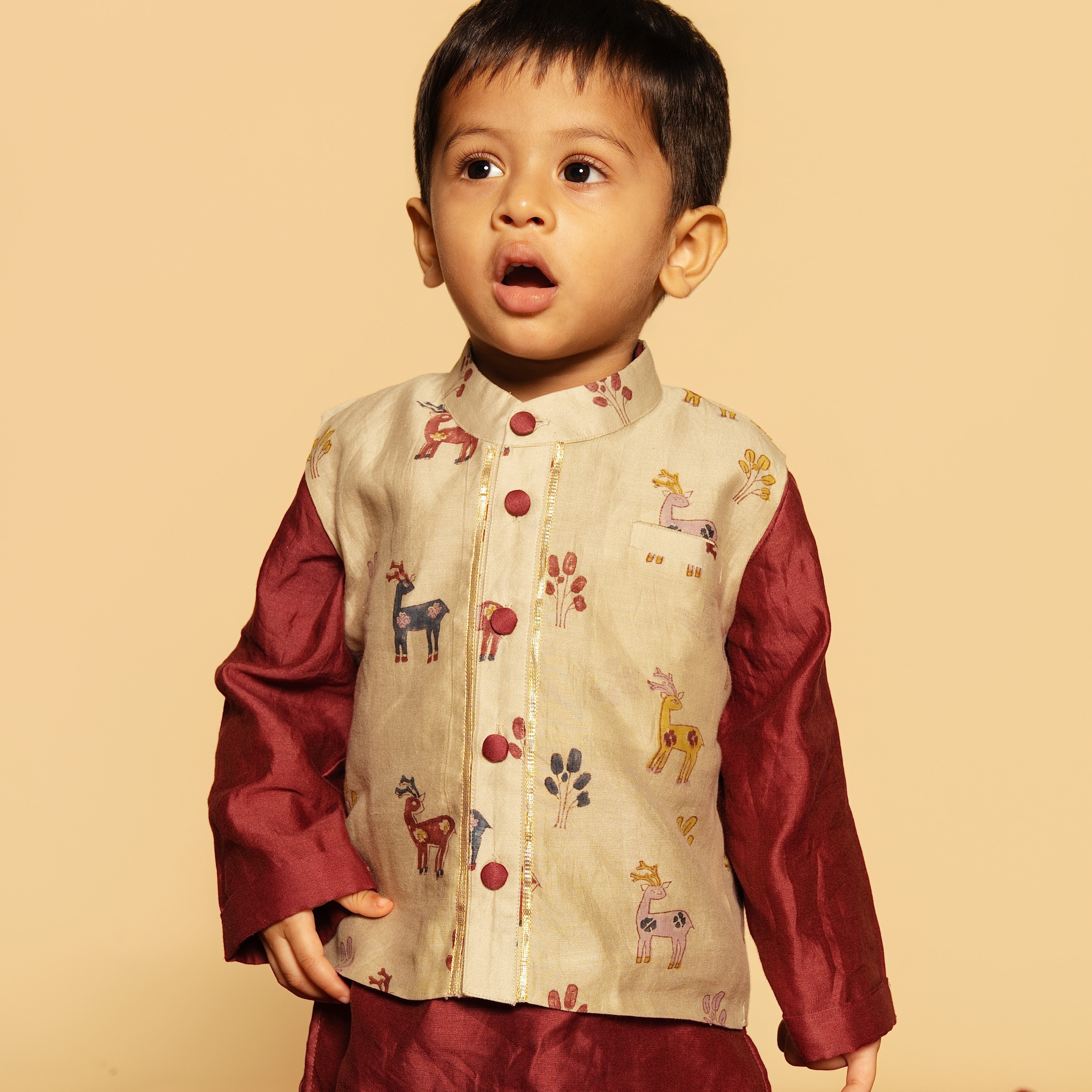 Chanderi Kurta Pyjama & Bandi Set | Hand-Block Printed (Gota Work)