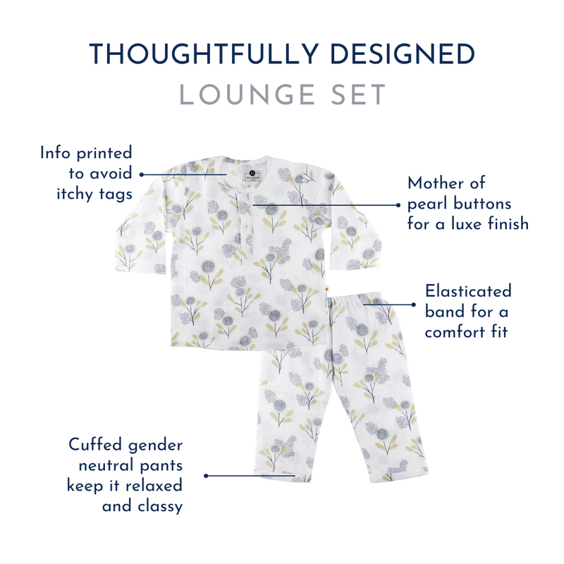 Our breezy and luxe muslin loungewear is a cute kurta-pyjama style set that can be worn on brunches or cosy playdates. Our three-quarter sleeve kurta with mother-of-pearl buttons is paired with a comfortable gender-neutral pair of pant-style pyjamas to give a classy, adorable look Organic cotton organic muslin premium gift luxury gift sustainable clothes baby clothes baby gift newborn gift birthday gift onesie bodysuit